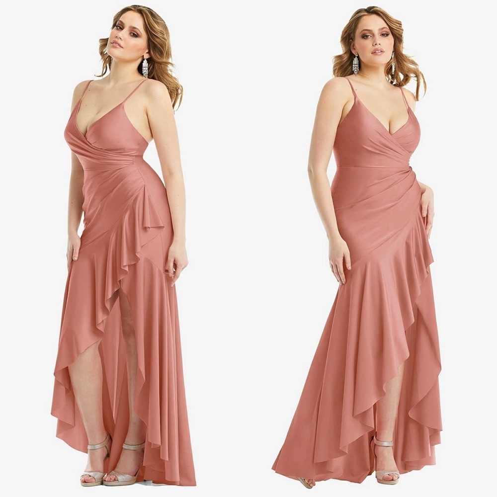 NWT CYNTHIA & SAHAR Stretch Satin Pleated Wrap Ruffled High Low Maxi Gown XS